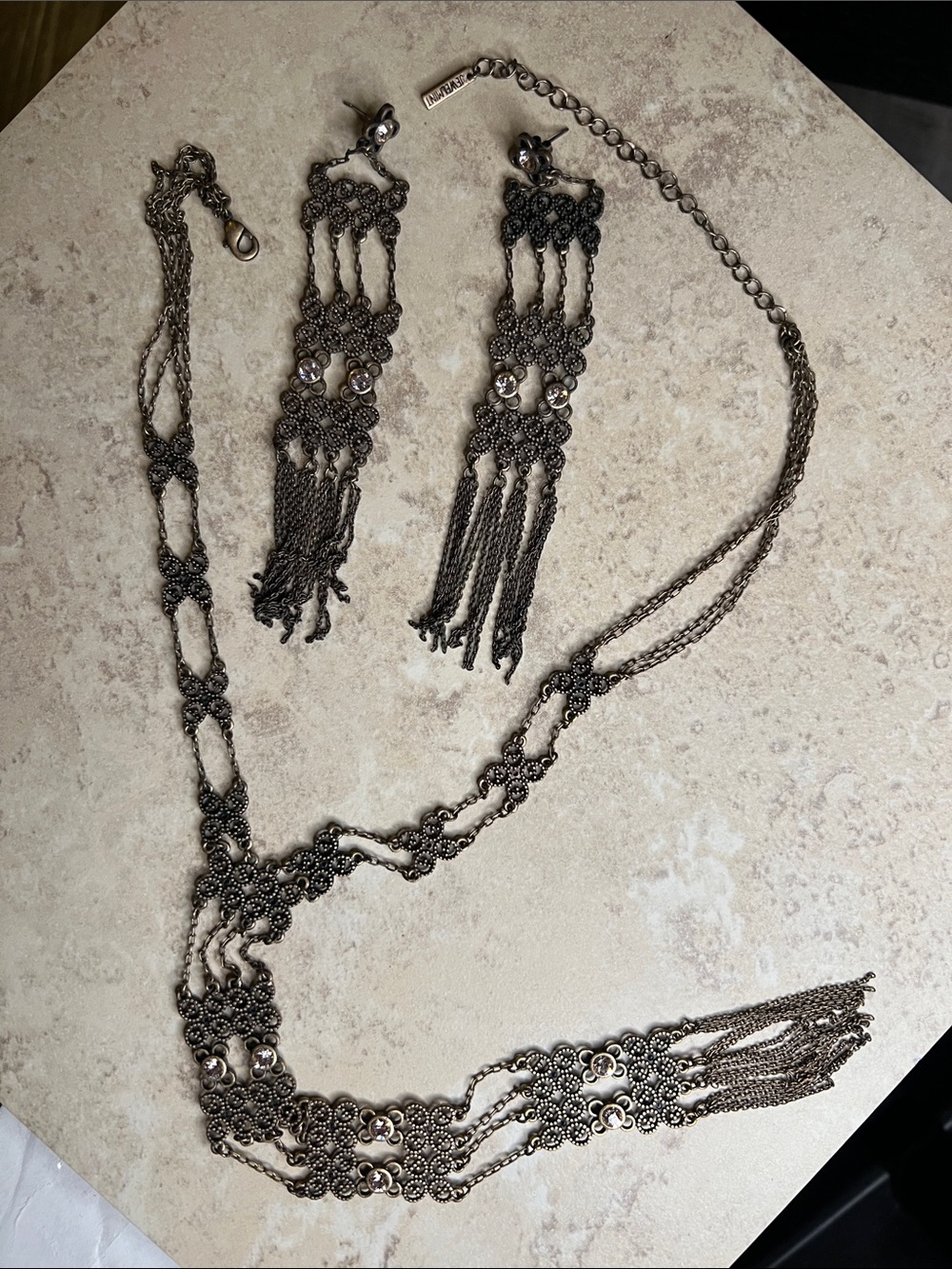 Jewelmint Gunmetal Filigree Fringe Necklace and Earrings Set